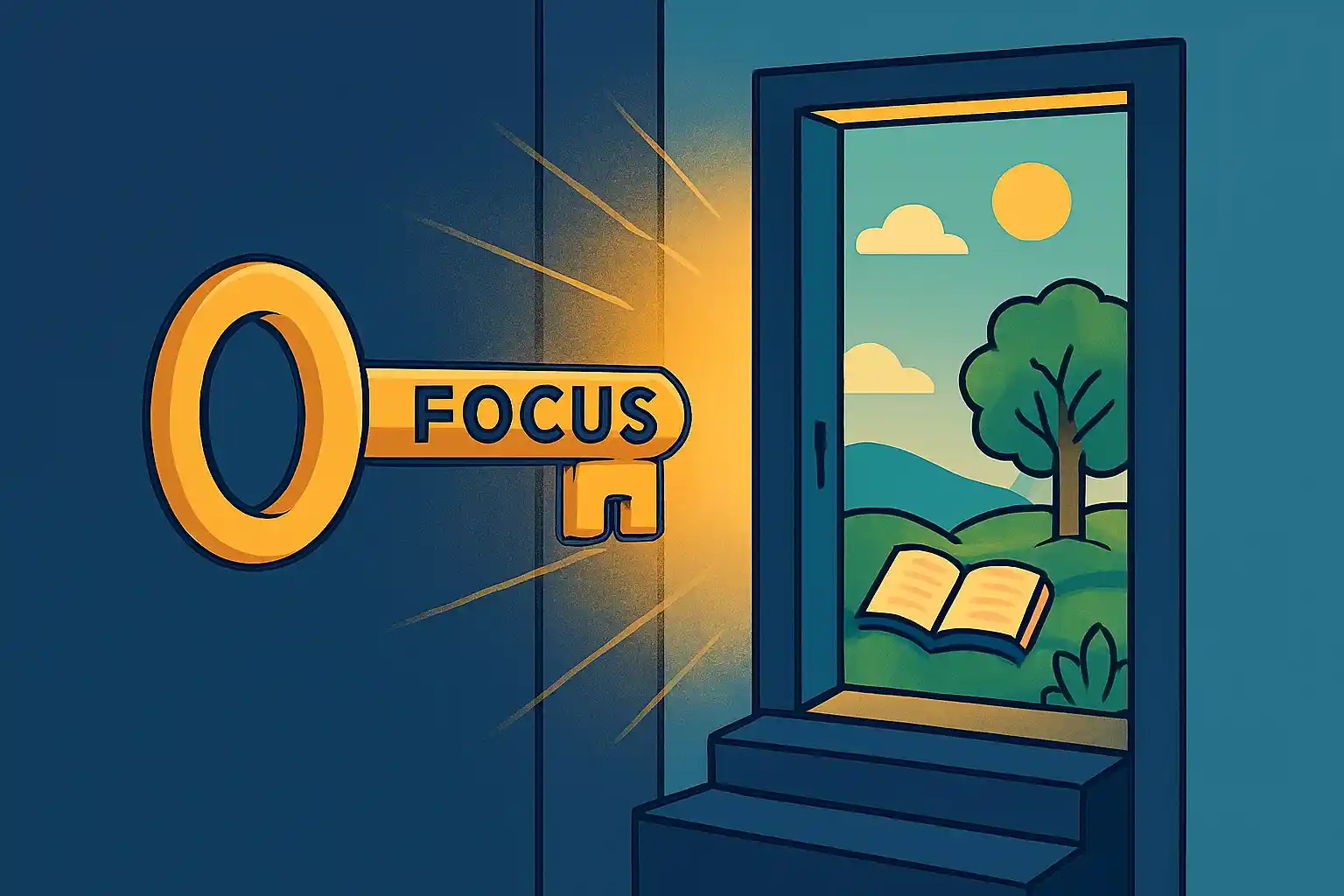 A shining golden key labeled “Focus” unlocking a door toward knowledge, growth, and a fruitful life.